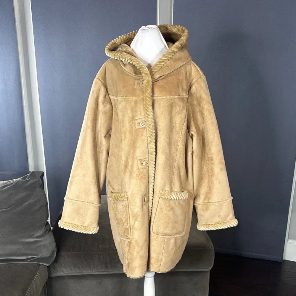 Women’s Vintage St John’s Bay Tan Faux Suede Hooded Coat Faux Fur Lined Size L